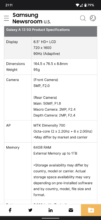 搭載聯發科天璣 700 處理器以及 50MP 相機，三星 Galaxy A13 5G 正式發表