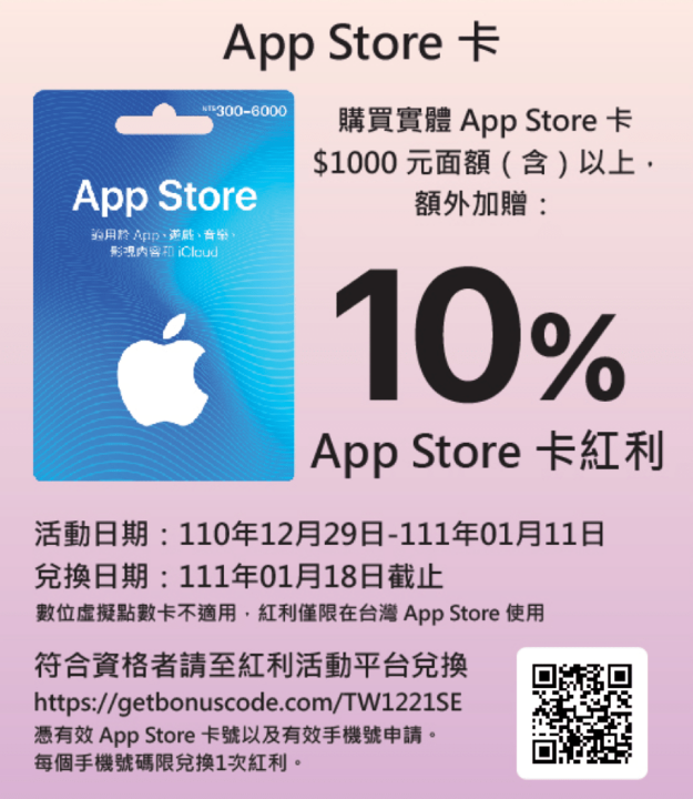 蘋果在台灣地區推行App Store禮品卡限期點數回饋活動