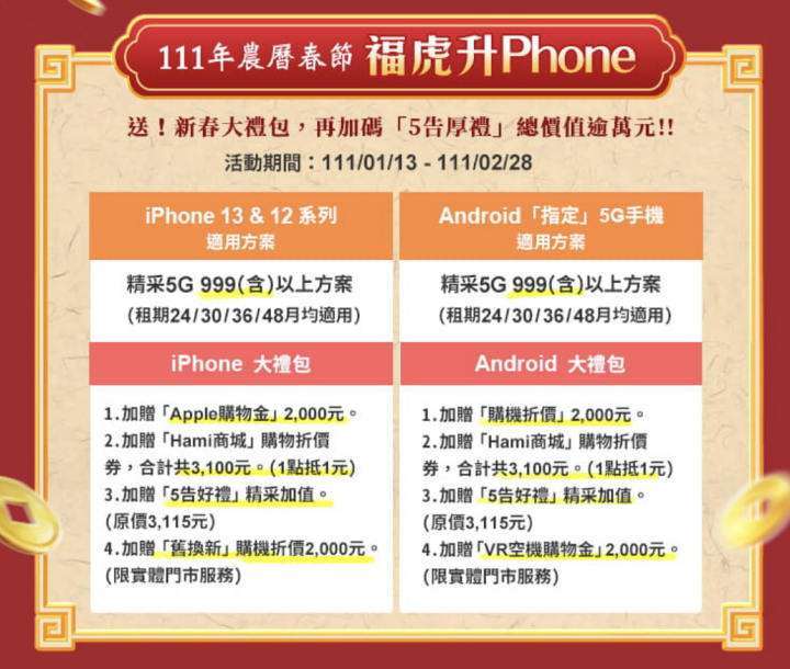 中華5G選蘋果or安卓新春萬元大禮包？
