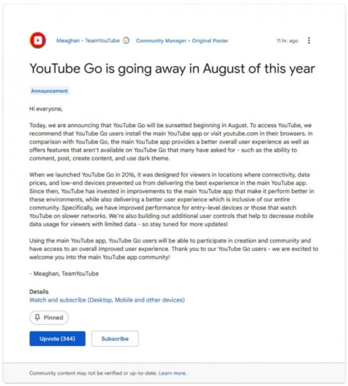 手機與行動網路服務普及，Google確定將在8月結束YouTube Go服務