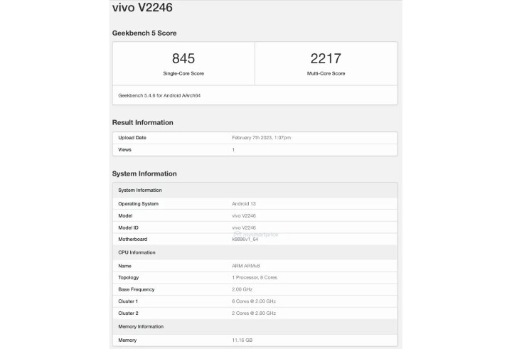 vivo V27 搭載未發表的聯發科處理器出現在了跑分資料庫