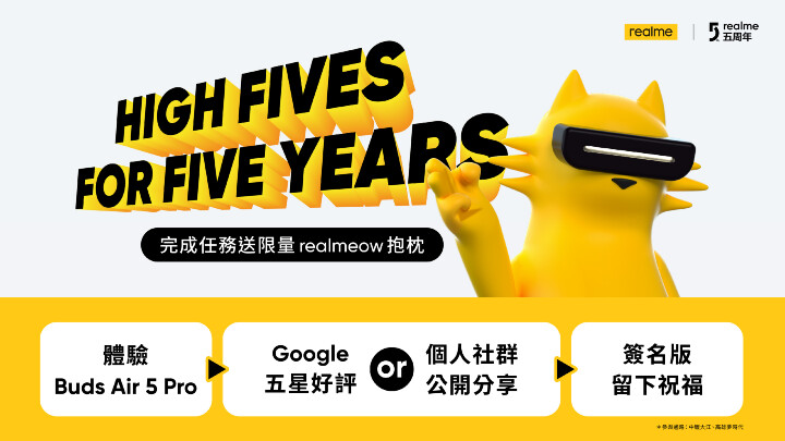 realme品牌專櫃推出「HIGH FIVES FOR FIVE YEARS」活動，完成任務送限量抱枕.jpg