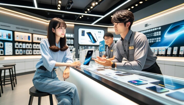 DALL·E 2024-05-29 15.54.23 - A Taiwanese woman sitting at a telecom store counter, with a male store clerk behind the counter introducing products to her. The store has a modern a.jpeg