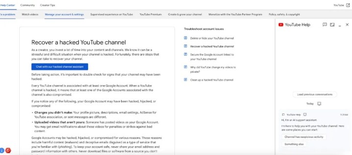 Google 推出以人工智慧驅動的聊天機器人服務，協助使用者取回被盜用的 YouTube 頻道
