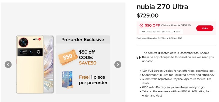 Nubia Z70 Ultra 國際版本上市  進攻全球市場，定價稍高於中國市場