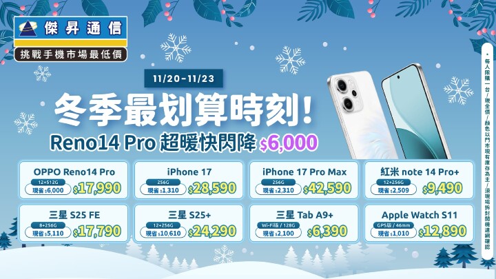 冬季最划算時刻!傑昇通信OPPO Reno 14 Pro 超暖快閃降 $6,000_0.jpg 冬季最划算時刻!傑昇通信OPPO Reno 14 Pro 超暖快閃降 $6,000_0.jpg