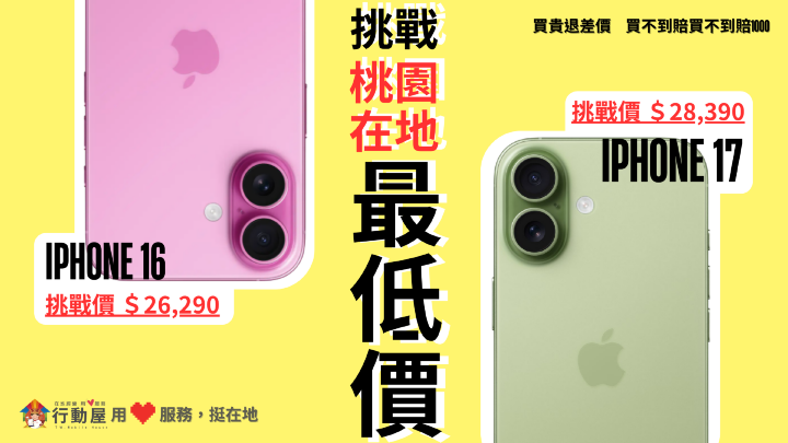 【桃園促銷】iPhone 16、17 同步下殺，iPhone 16 256GB 26,290 元起，買不到賠 1000 元！（12/10~12/16）