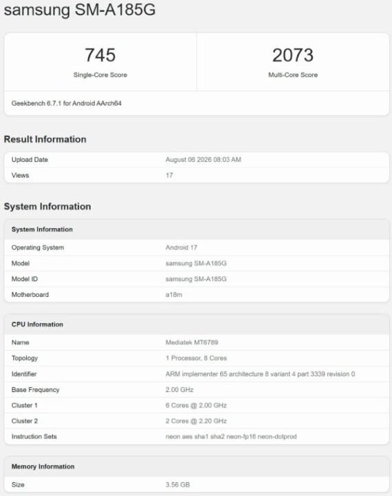 Samsung Galaxy A18 跑分遭曝光，部分規格同步現身