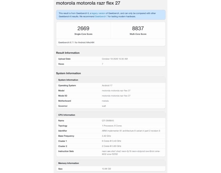 motorola 寬螢幕大摺疊跑分出爐，可能叫 razr flex 27