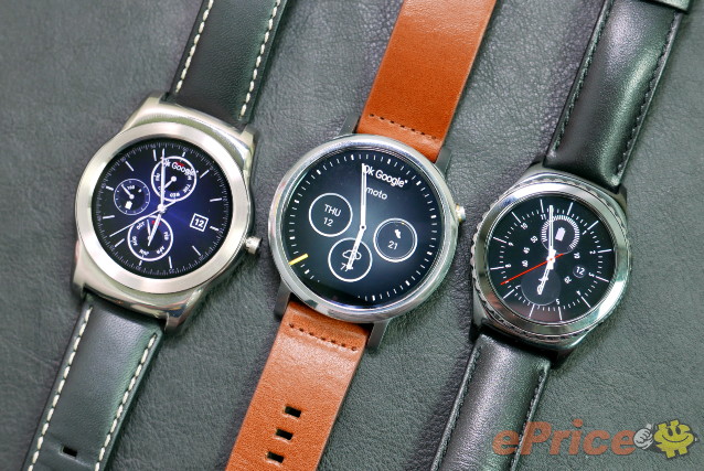 LG Urbane、Moto 360 2代、Samsung Gear S2 智慧表外型、規格比較