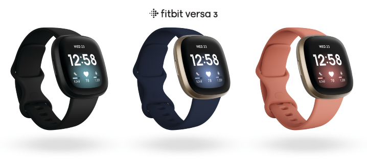 圖二：Fitbit Versa 3 內建 GPS 與揚聲器功能提供用戶更多強大且多元的智慧生活應用。售價為新臺幣7,798元，圖左至右為黑色、午....png