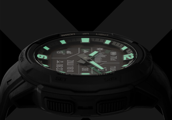 Garmin Instinct Crossover設計大膽創新，實體指針包覆在雙層錶圈的錶體，運用科技感塗層打造搶眼夜光指針，提升夜間辨識度.png