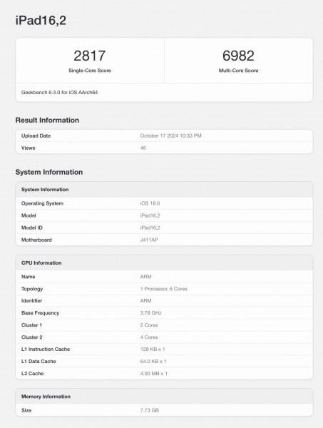 Geekbench 跑分數據證實 iPad mini 7 搭載 8GB RAM